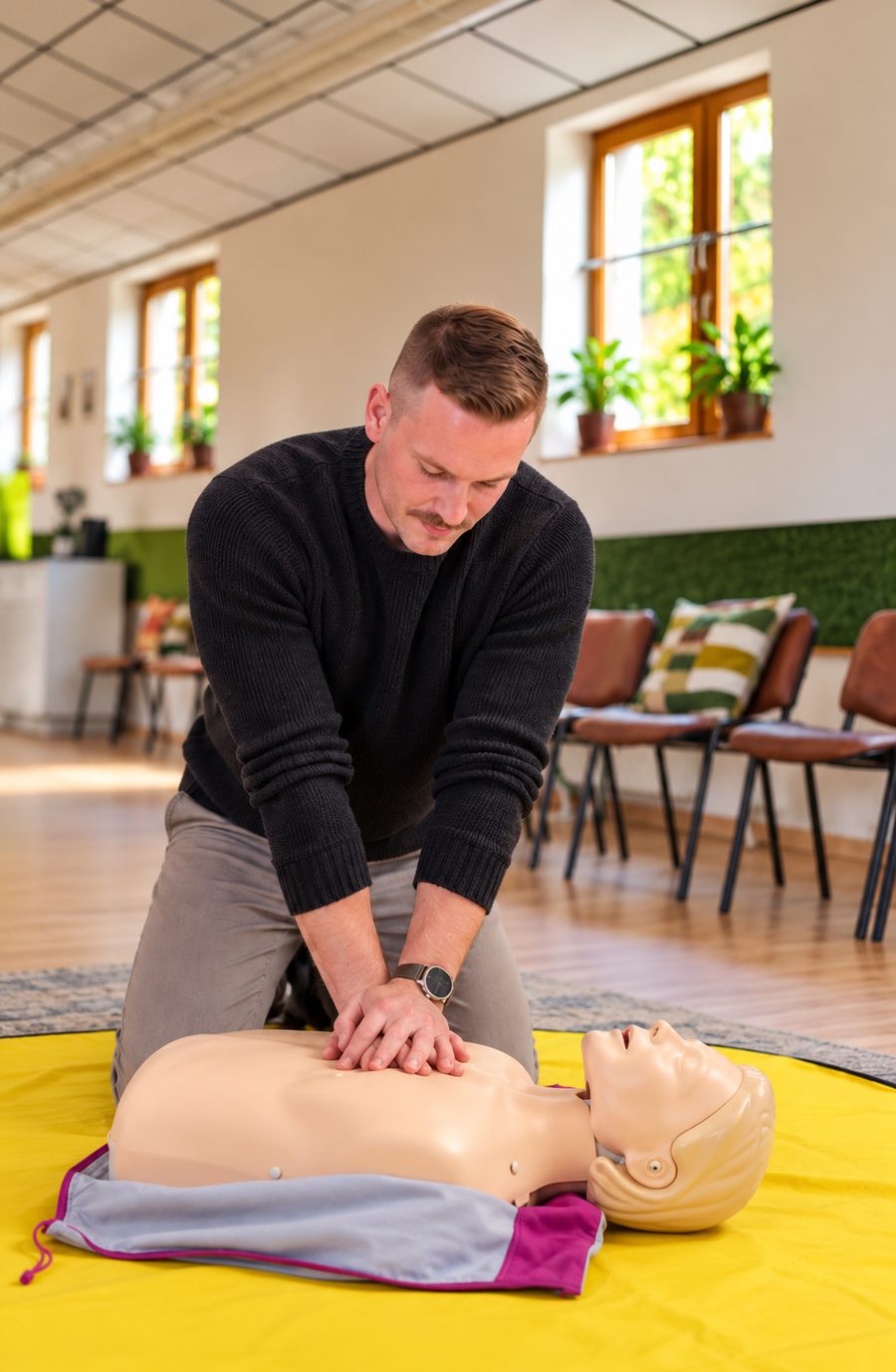Benjamin Tewes zeigt die Herzdruckmassage an der Übungspuppe im Schulungsraum in Lingen