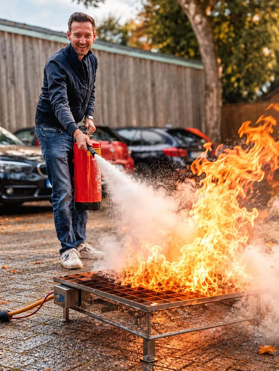 Teilnehmer löscht beim Löschtraining der Brandschutzhelfer Ausbildung ein Feuer